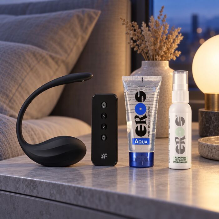 Kit med bärbar vibrator och app för par på distans – stämningsbild (AI-genererad bild) Kit med bärbar vibrator och app för par på distans – stämningsbild (AI-genererad bild)