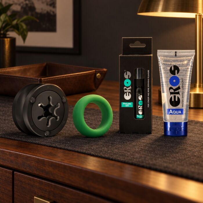 Kit för män med återanvändbar Fun Factory-masturbator, penisring och spray – stämningsbild (AI-genererad bild)