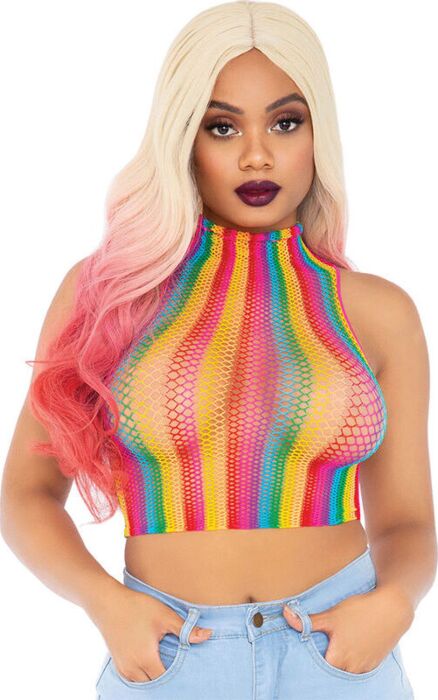 Top corto de red de cuello alto con estampado - arco iris