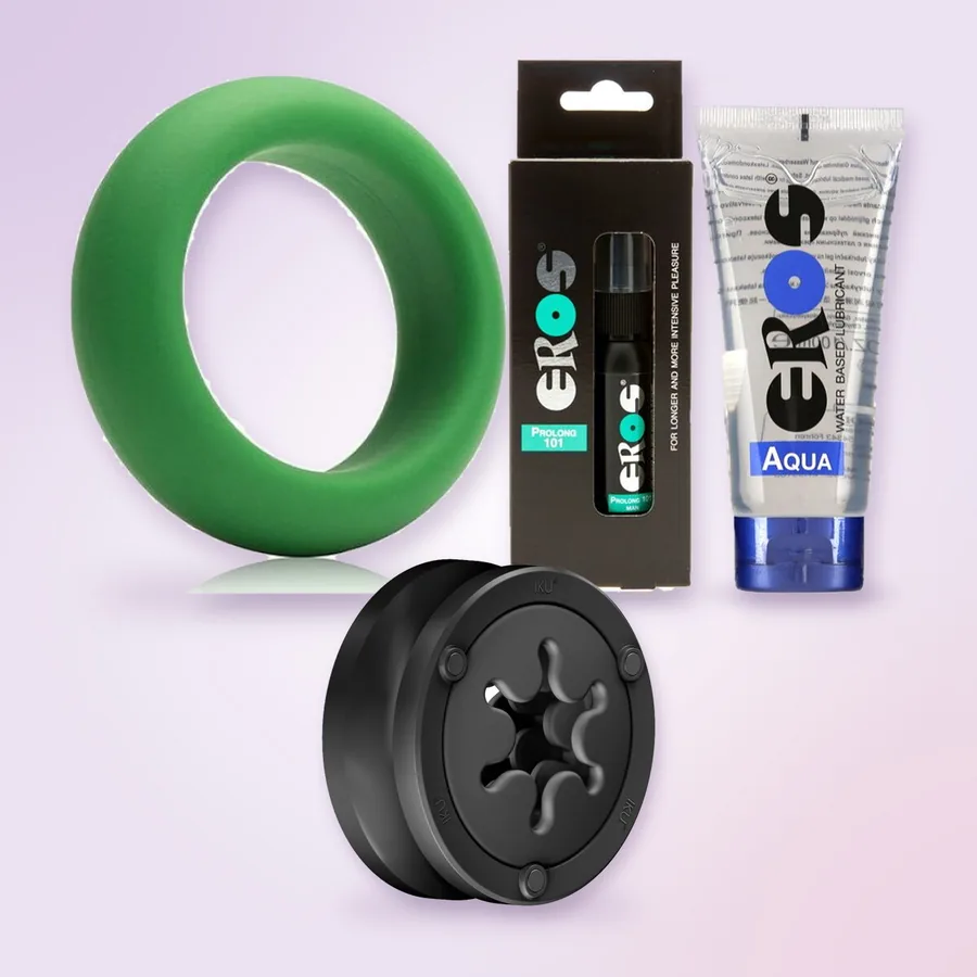 Masturbatorn Fun Factory IKU FLEX, ringen Je Joue, sprayen Eros Prolong 101 och glidmedlet EROS Aqua